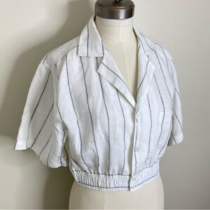 VINTAGE DAVID MICHAELS 100%LINEN WHITE/ BLACK PINSTRIPE BUTTON DOWN CROP BLOUSE